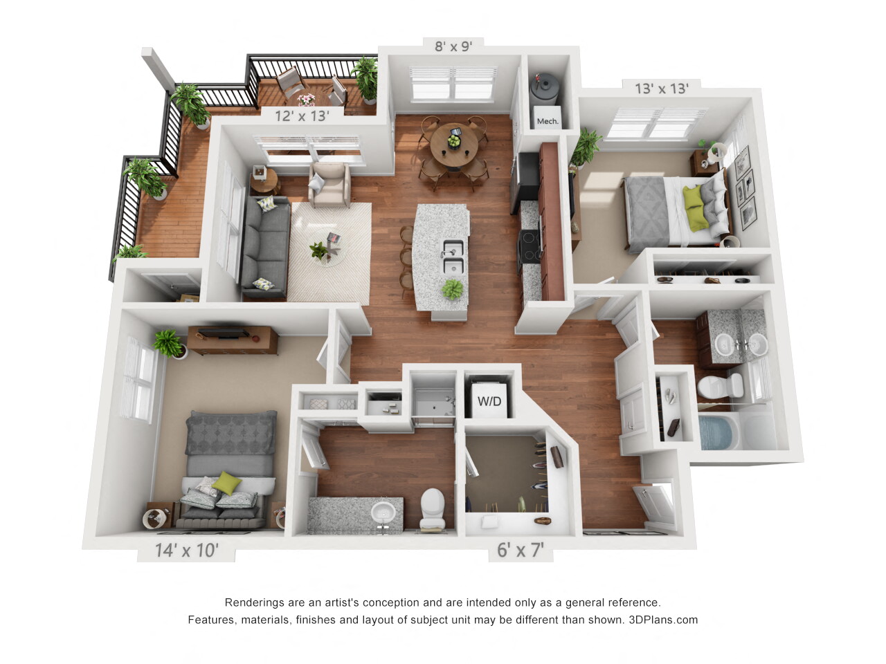 Floor plan for 2 beds, 2 baths, 1088 sqft